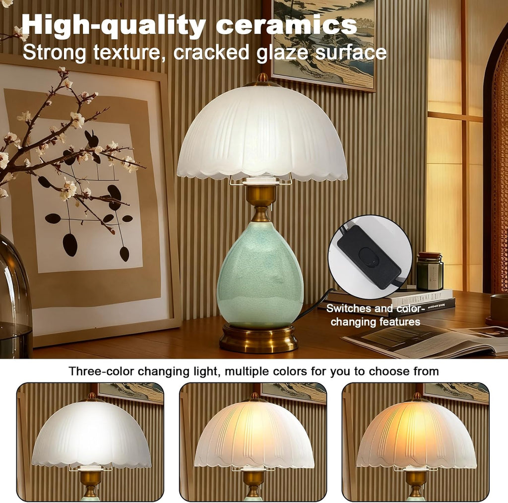 Table Lamps Ceramic Retro Lamp for Living Room,16.73" Modern Bedside Nightstand Traditional Lamps, Classic Chinoiserie Green Glass Lamp…