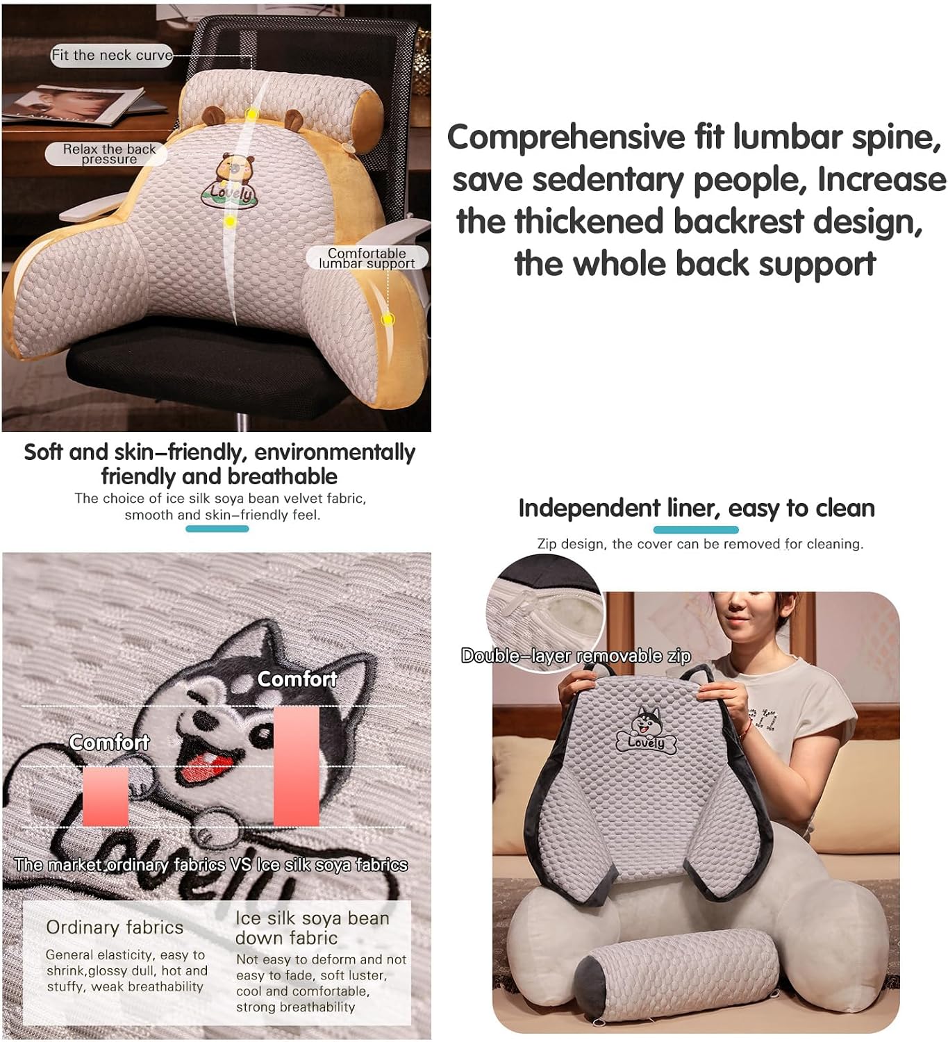 Generic Large Backrest Sofa Pillow, Cooling Comfy Lumbar Support Cushion for Adult, Cute Reading Pillow with Washable Cover for Bed Co…