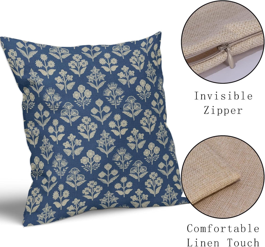 Blue Floral Pillow Covers 22x22 Inch Set of 2, Vintage Flower Block Print Pattern Decorative Throw Pillowcases Outdoor Farmhouse Cushion…