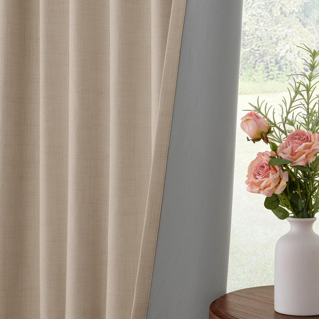 INOVADAY 100% Blackout Curtains for Bedroom, Black Out Curtains 90 Inch Long, Clip Rings Linen Blackout Drapes, Thermal Insulated Room…