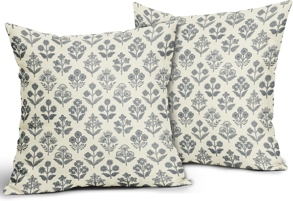 Dusty Blue Floral Pillow Covers 16x16 Inch Set of 2, Vintage Flower Block Print Pattern Decorative Throw Pillowcases Outdoor Farmhouse…