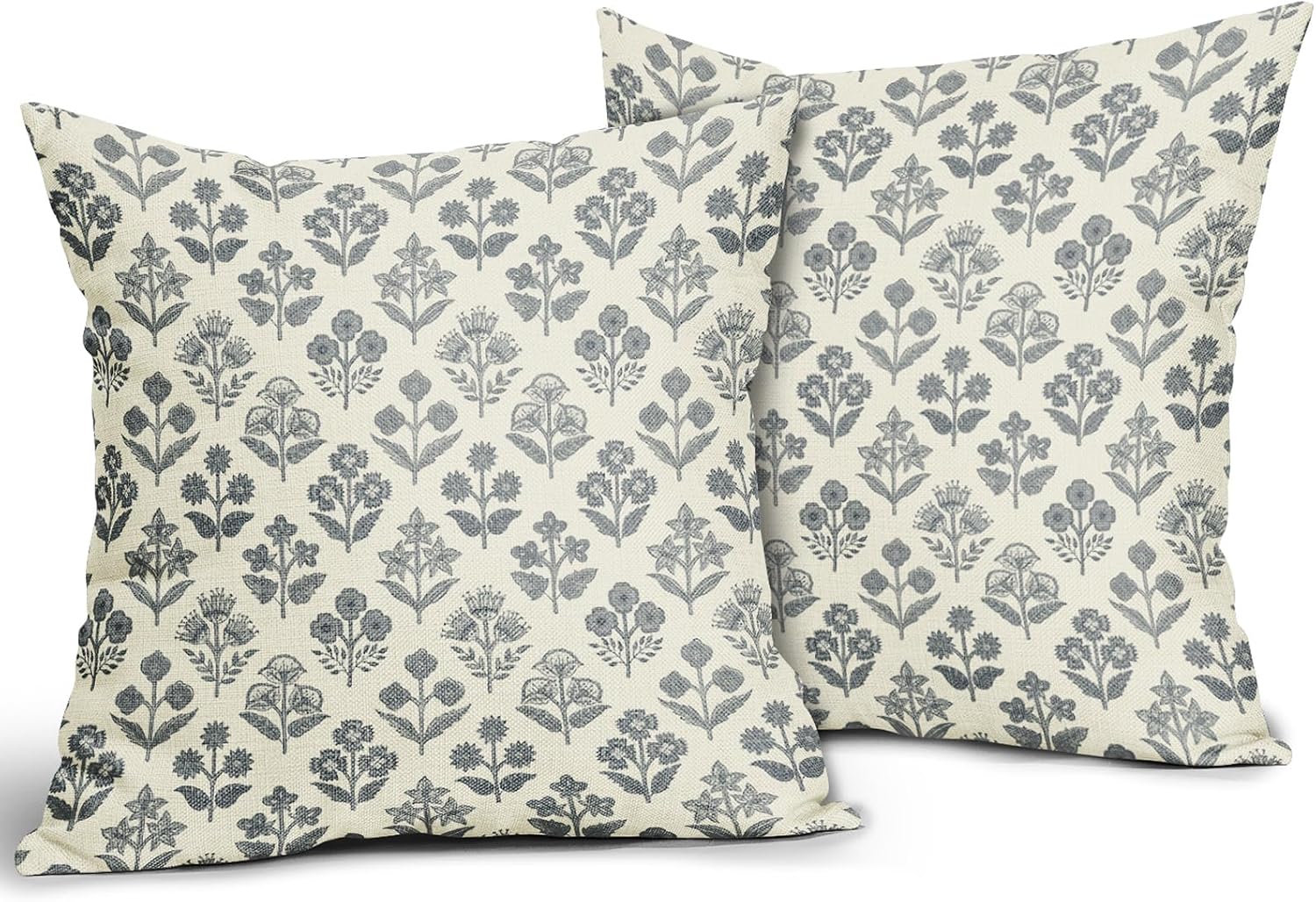Dusty Blue Floral Pillow Covers 16x16 Inch Set of 2, Vintage Flower Block Print Pattern Decorative Throw Pillowcases Outdoor Farmhouse…