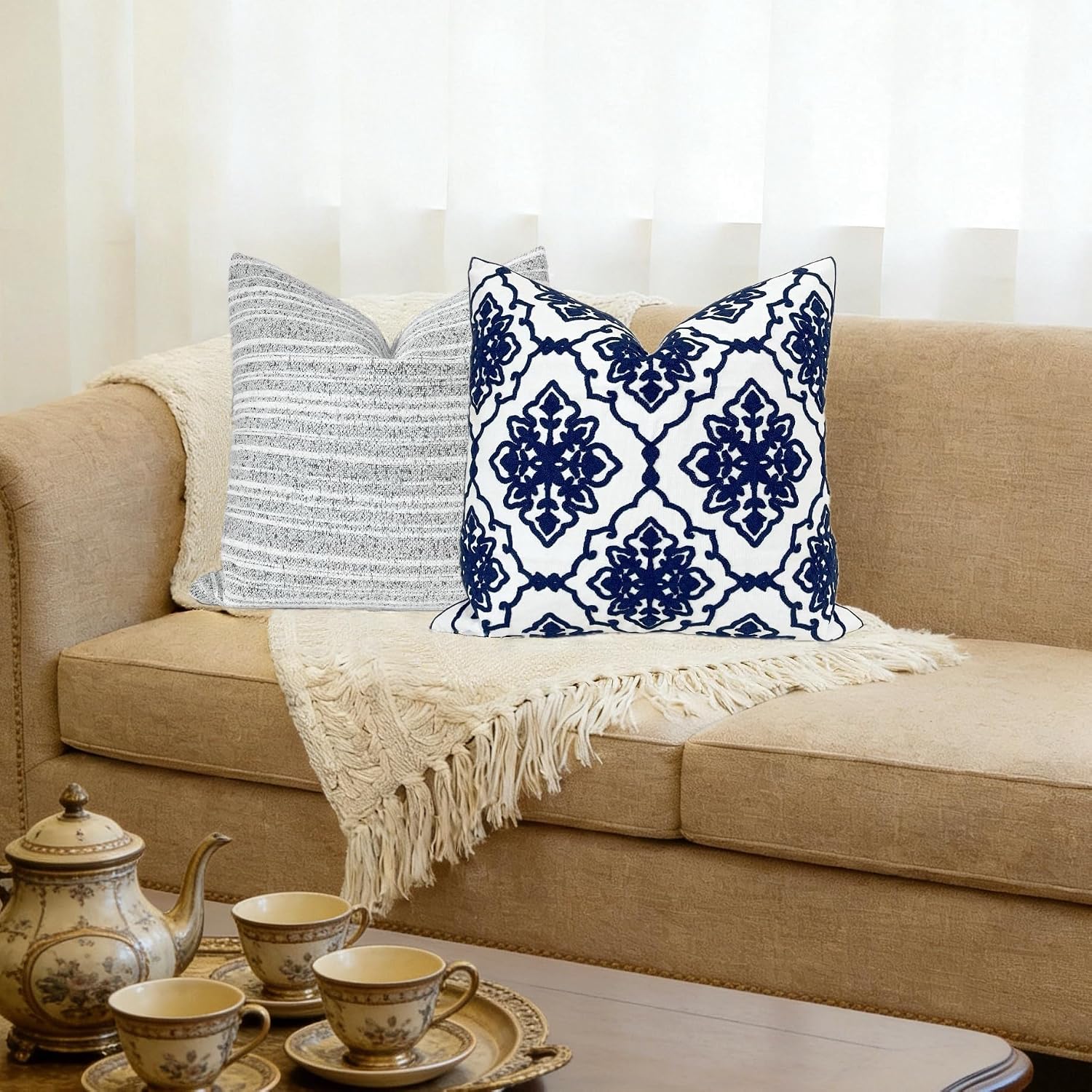 Slow Cow Boho Chenille Textured Woven Stripe Throw Pillow Covers 18x18 Decorative Cushion Cover Square Chenille Pillow Case for Sofa…