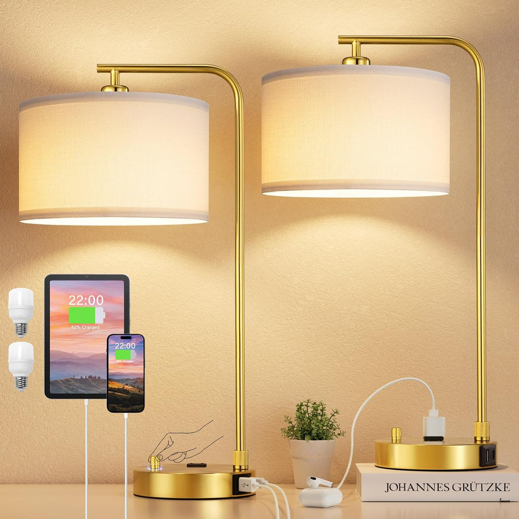 Innqoo Bedside Table Lamps for Bedroom Set of 2-Dimmable Nightstand Lamps with USB Port and Outlet, Modern Gold Lamps with Linen…