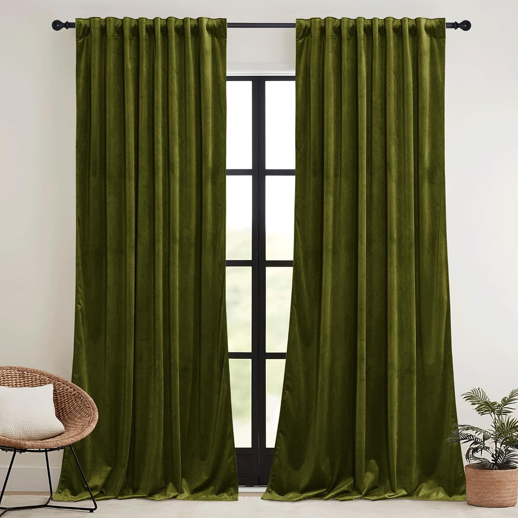 Rybhome RYB HOME Moss Green Velvet Curtains for Bedroom Living Room, Thermal Insulated Privacy UV Heat Blocking Luxurious Drapes for Nurser…