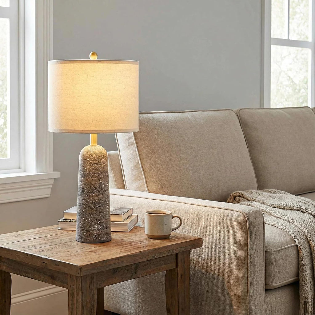 BOBOMOMO 27.25" Modern Table Lamp Set of 2, Light Grey Resin Table Lamps with Stone Look, Lamps for Living Room with Linen Shades…