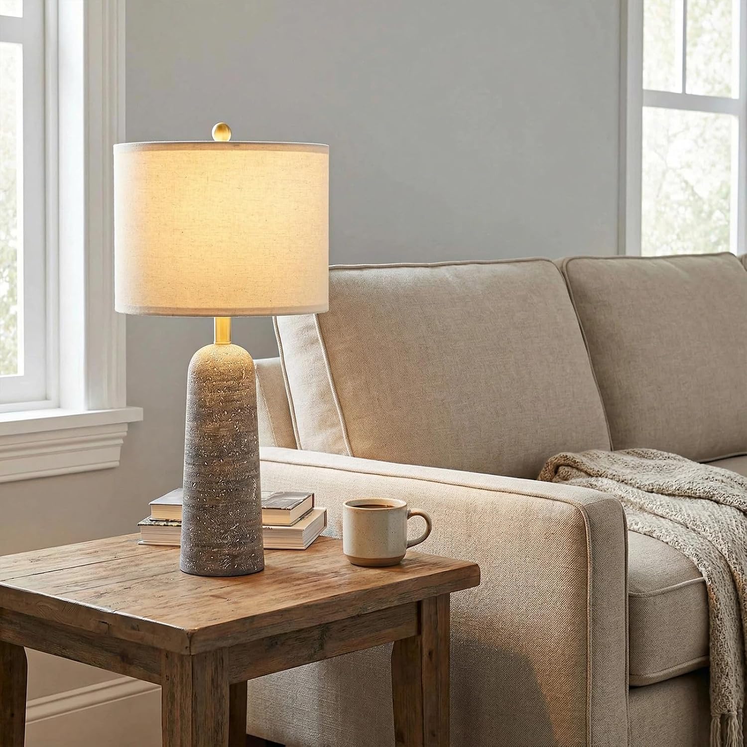 BOBOMOMO 27.25" Modern Table Lamp Set of 2, Light Grey Resin Table Lamps with Stone Look, Lamps for Living Room with Linen Shades…