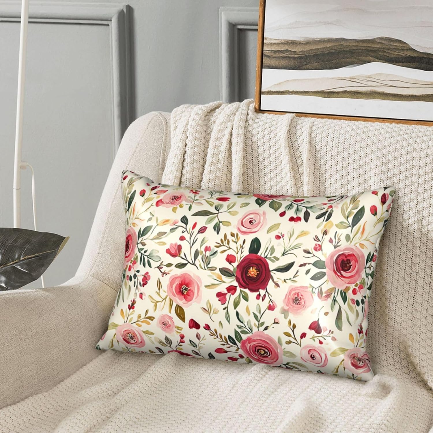 Satin Pillowcase for Hair and Skin Watercolor Floral Pink and Red Roses Super Soft and Cooling Similar to Silk Pillow Case 1 Pack with…