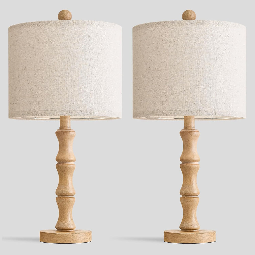 BOBOMOMO 20.5" Farmhouse Table Lamps Set of 2, Rustic Nightstand Lamps with Wood Grain Resin Base & Linen Shade, Small Bedside Lamps for…