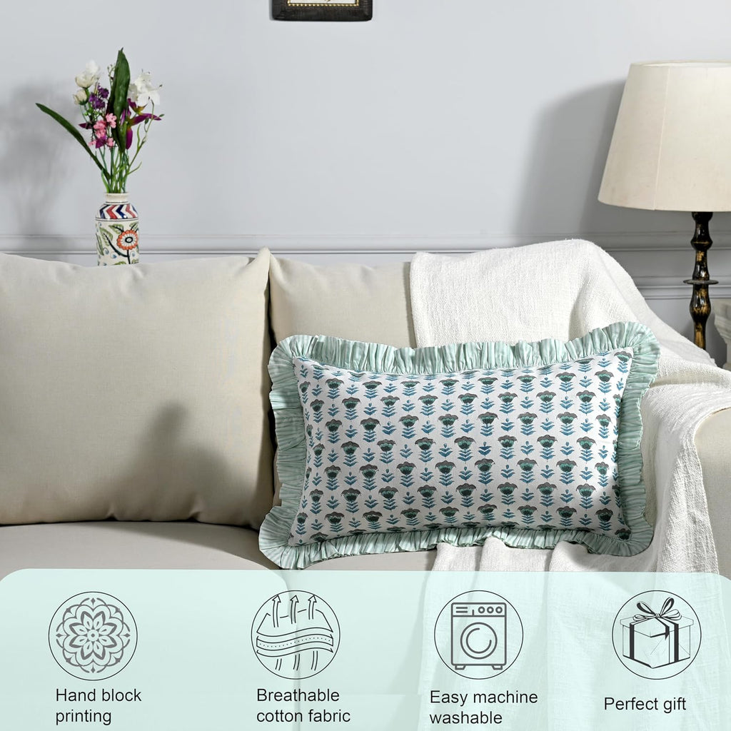 Ridhi Block Print Aquamarine Blue 20"x12" Set 1-100% Cotton Ruffle Lumbar Sham Cover Boho Floral Pillowcase, Farmhouse Cottagecore…