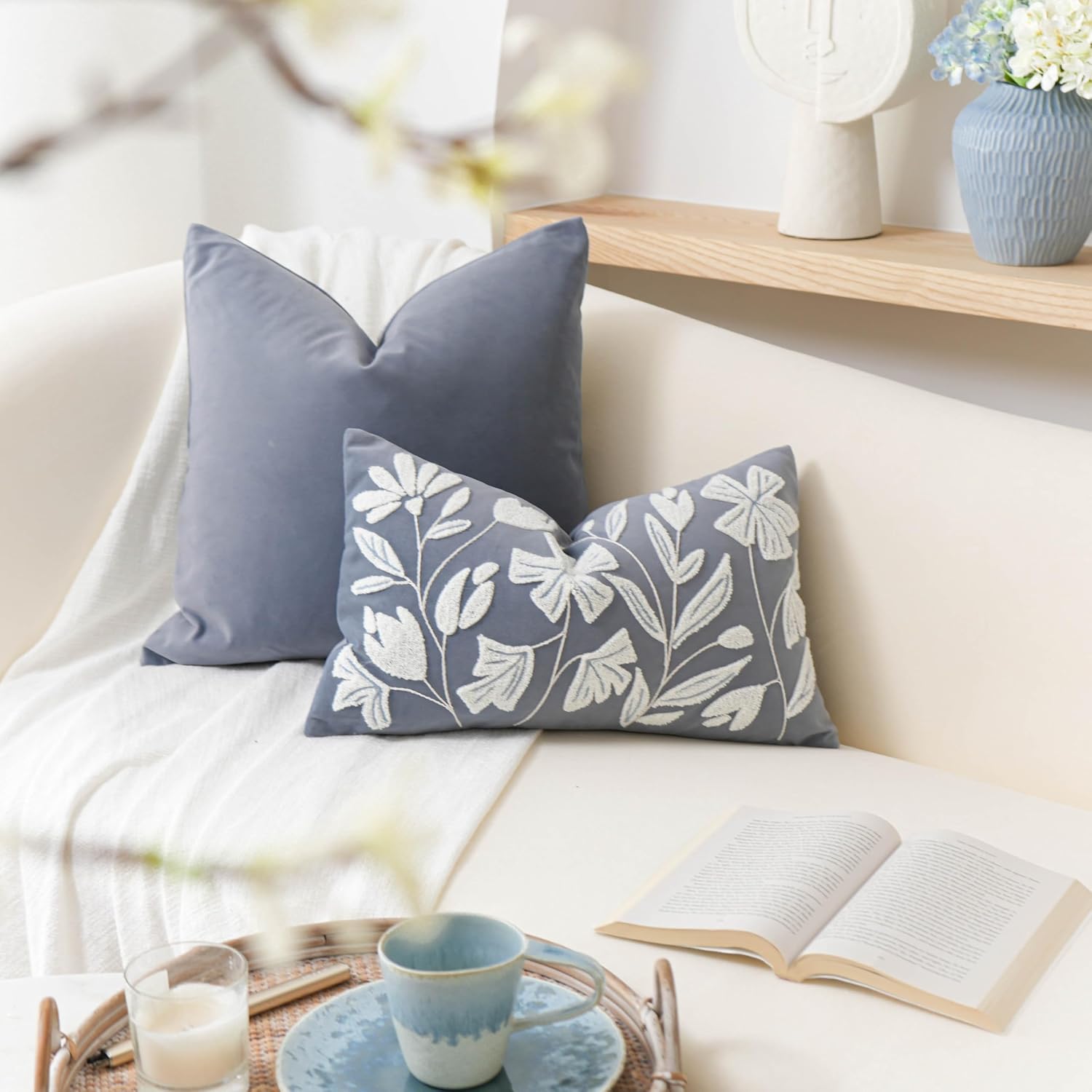 BlissBlush 12x20 Lumbar Pillow Cover, Grayish Blue Rectangular Decorative Throw Pillowcase for Couch Sofa, Floral Tufted Embroidered…