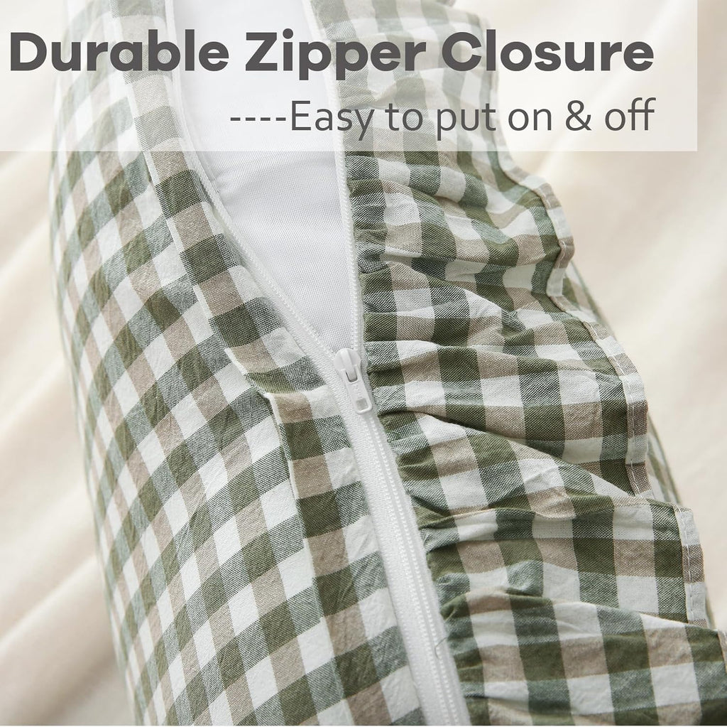 Kmasaniji 2 Pack Sage Green Plaid Ruffle Gingham Throw Pillow Covers, 100% Washed Cotton Checkered Farmhouse Decorative Pillow Shams for Be…