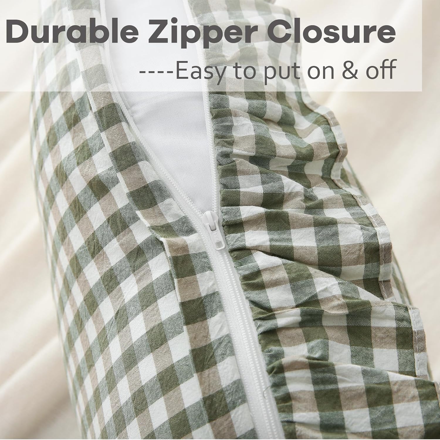 Kmasaniji 2 Pack Sage Green Plaid Ruffle Gingham Throw Pillow Covers, 100% Washed Cotton Checkered Farmhouse Decorative Pillow Shams for Be…