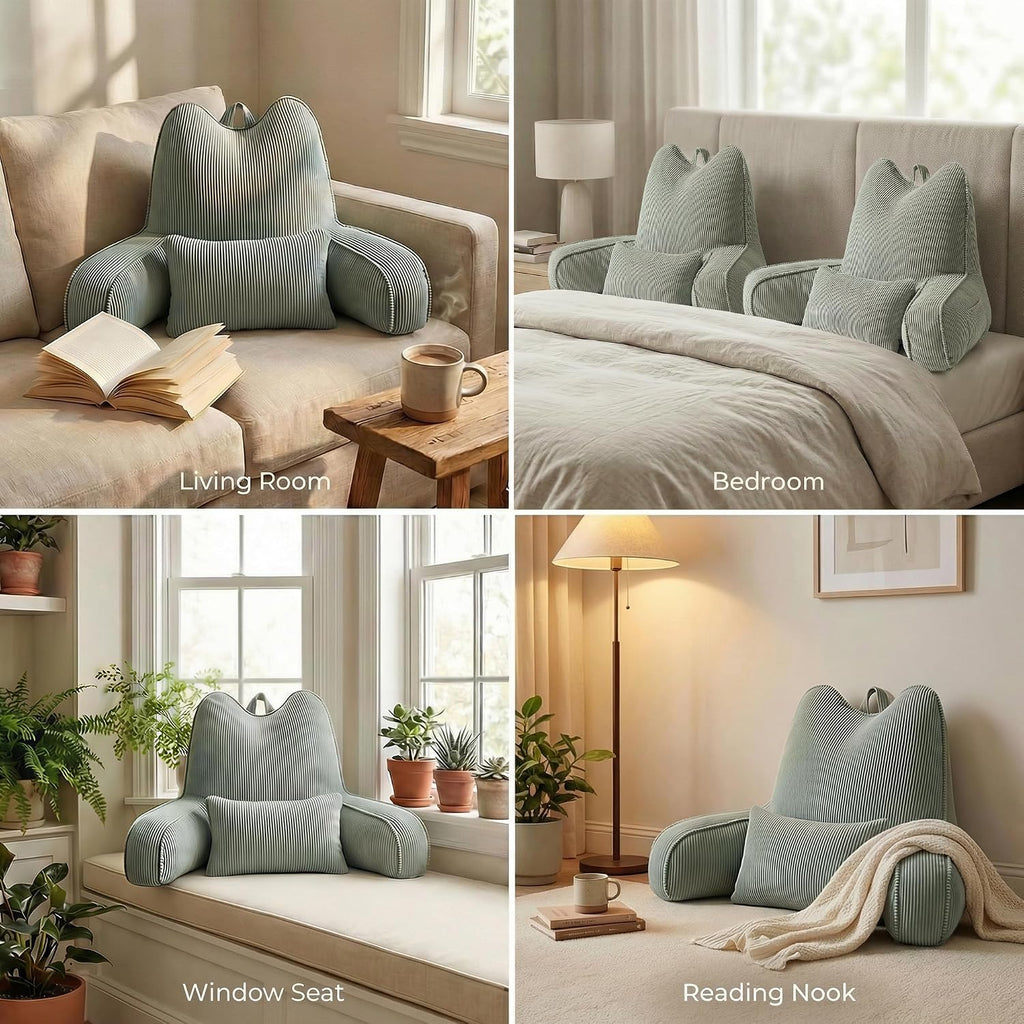 Ailuteie Patented Design Cat Ear Inspired Corduroy Reading Pillow with Arms, Aesthetic Bed Rest Pillow for Sitting in Bed, Detachable Lumba…