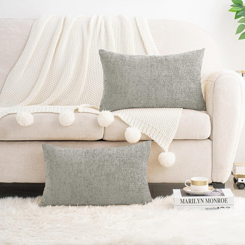 Hwy50 HWY 50 Gray Lumbar Pillow Covers 12x20 Inch Pack of 2, Soft Chenille Decorative Throw Pillow Covers Farmhouse for Couch Sofa Living R…