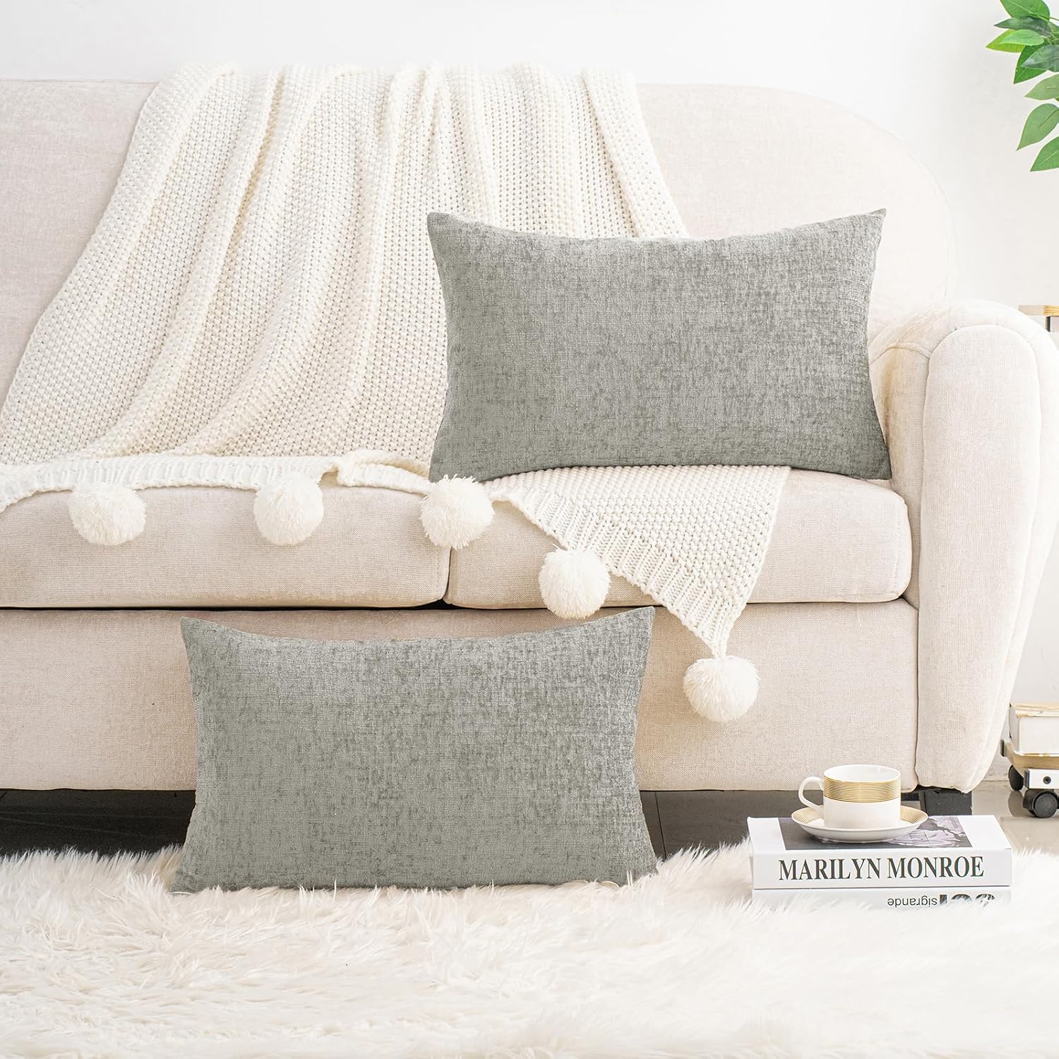 Hwy50 HWY 50 Gray Lumbar Pillow Covers 12x20 Inch Pack of 2, Soft Chenille Decorative Throw Pillow Covers Farmhouse for Couch Sofa Living R…