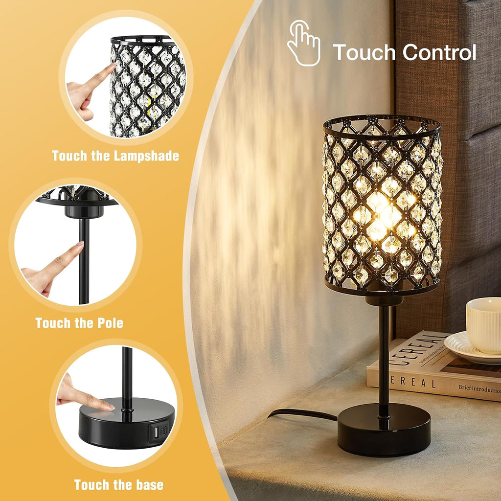 GyroVu Crystal Table Lamp, Black Lamp for Bedroom Nightstand with USB C+A Ports, Dimmable Touch Lamp with Crystal Shade, Bedside Lamp…