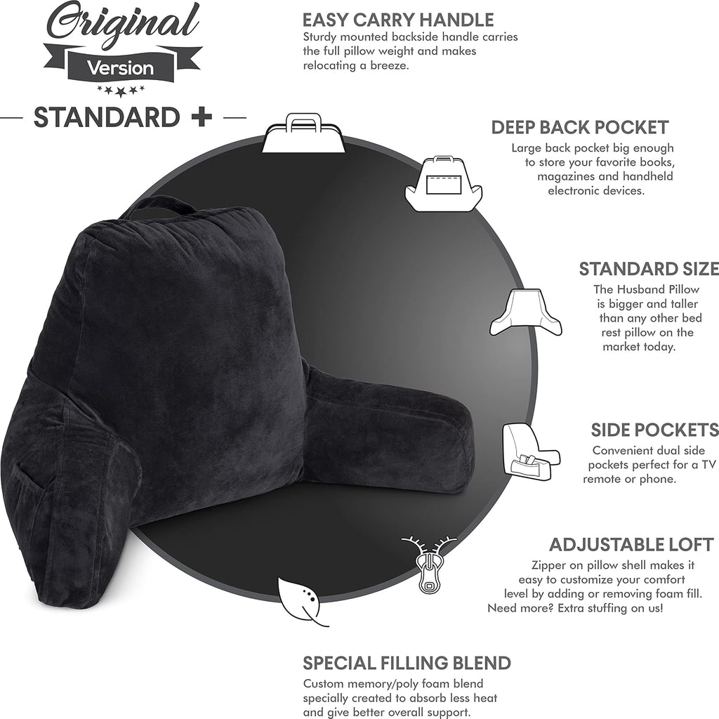 HusbandPillow Husband Pillow Black, Original Reading Pillow in Bed Rest Chair, Shredded Memory Foam Large Lounge Cushion Adult Backrest wit…