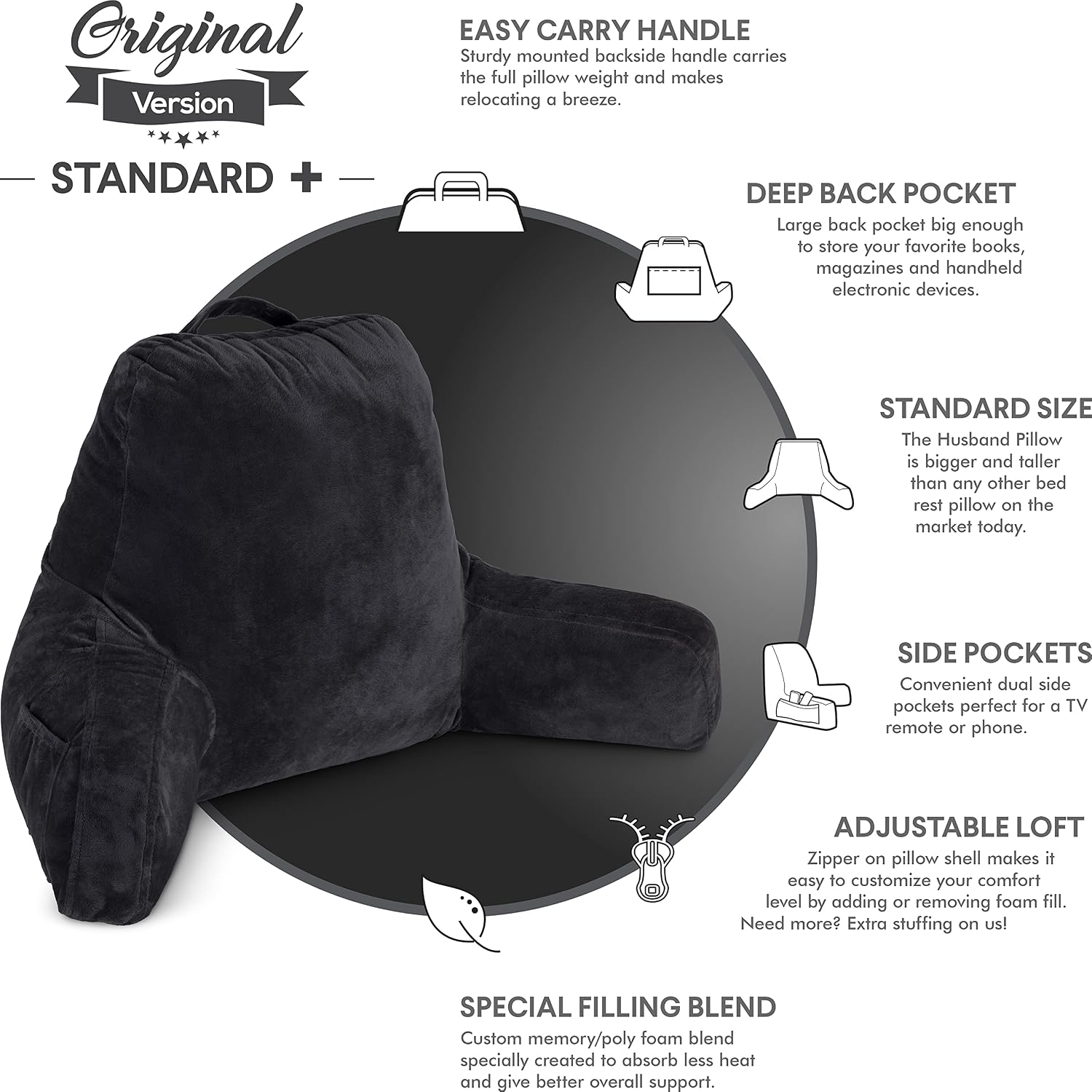 HusbandPillow Husband Pillow Black, Original Reading Pillow in Bed Rest Chair, Shredded Memory Foam Large Lounge Cushion Adult Backrest wit…