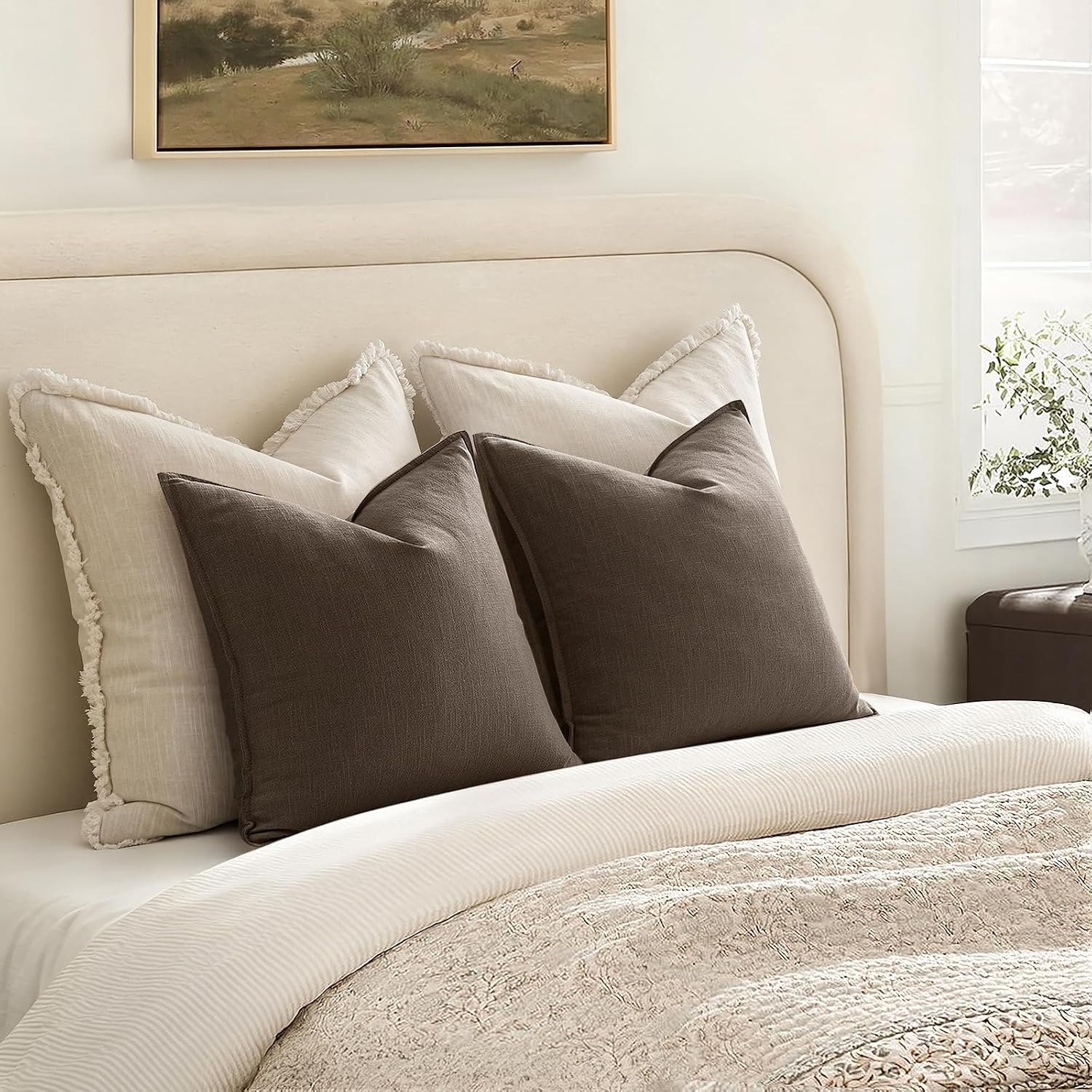 Anroduo Pack of 2 Decorative Linen Pillow Covers Taupe Neutral Farmhouse Boho Soild Cushion Case Soft Accent Pillowcase for Couch Sofa Bedr…