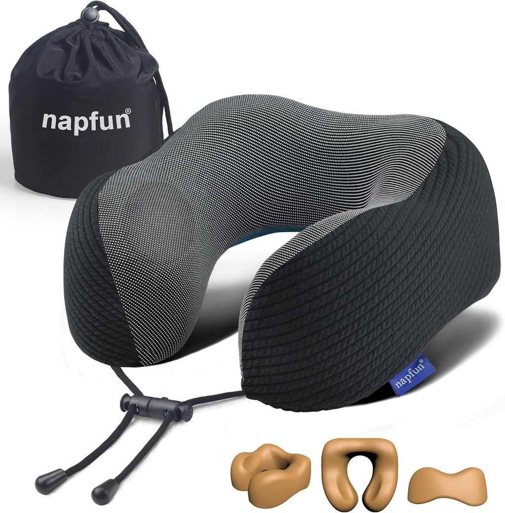 napfun Neck Pillow for Traveling, Upgraded Travel Neck Pillow for Airplane 100% Pure Memory Foam Travel Pillow for Flight Headrest Sleep…