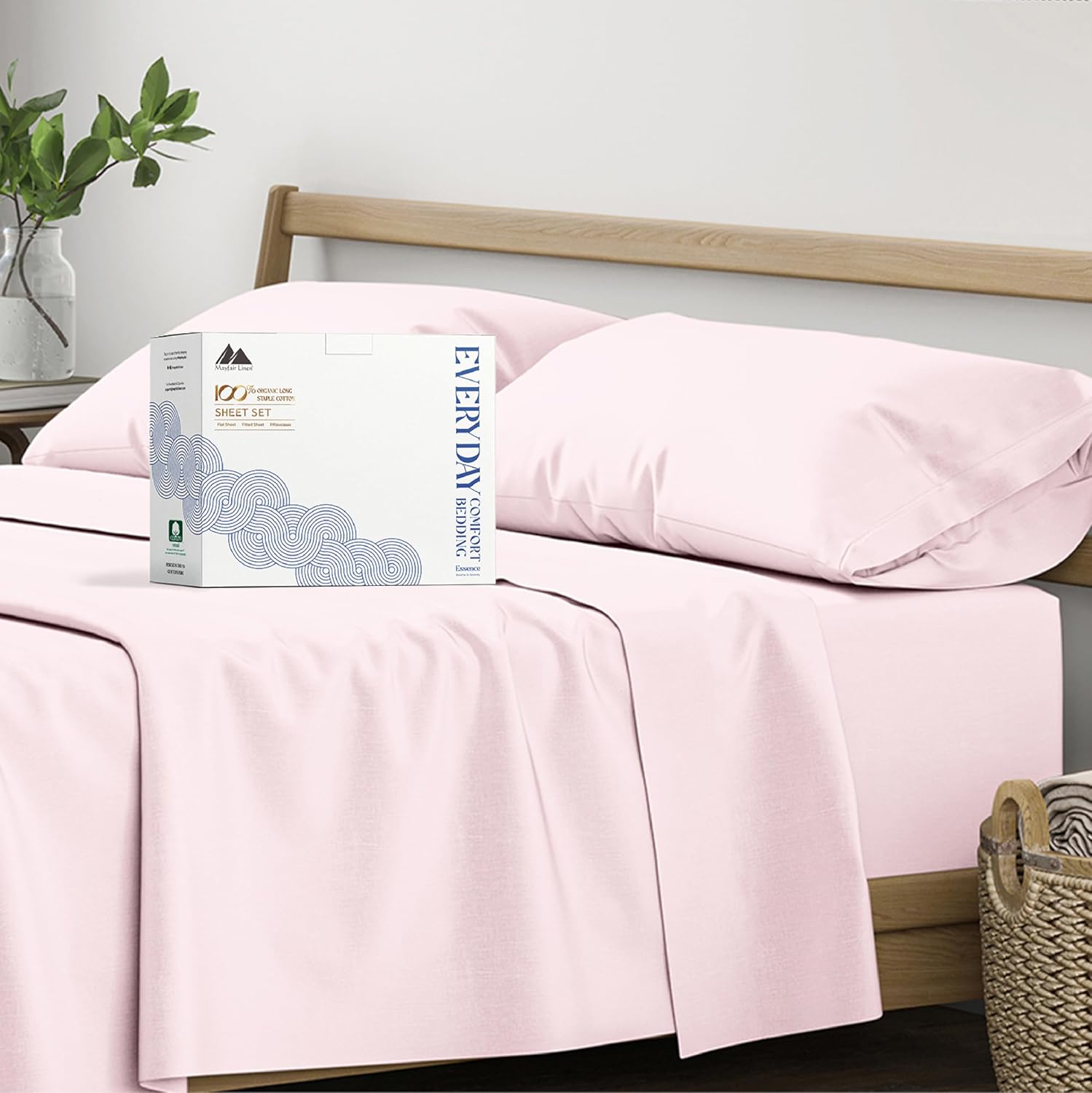 Mayfair Linen 100% Organic Cotton Sheets Twin XL Size - 3 PC Organic Cotton Percale Sheets Twin XL Set (Blush), Soft, Crisp, Cooling…
