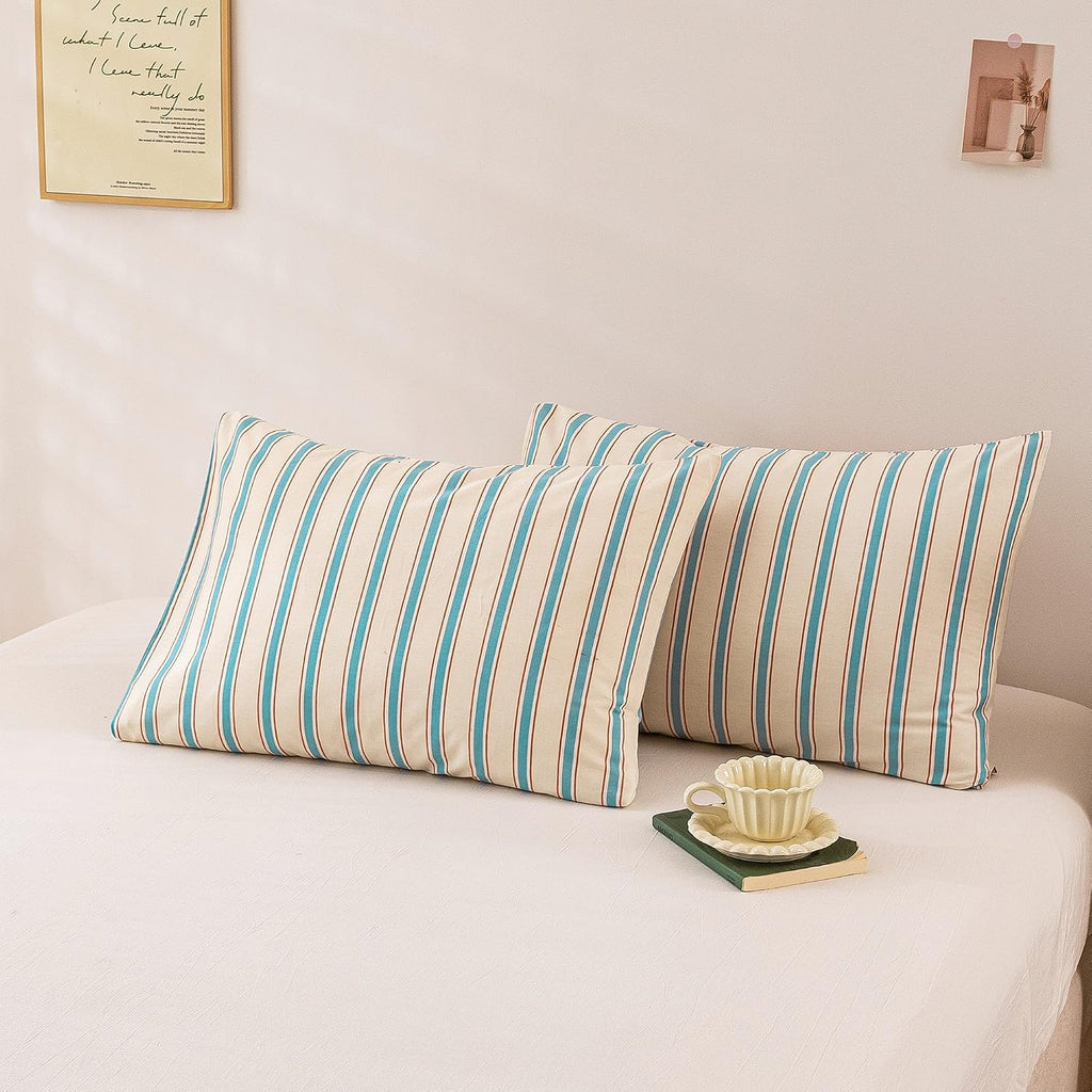 ECOCOTT Striped Pillowcases Standard Size Set of 2, 100% Washed Cotton Pillow Cases with Envelope Closure, Blue&Brown Ticking Stripe…