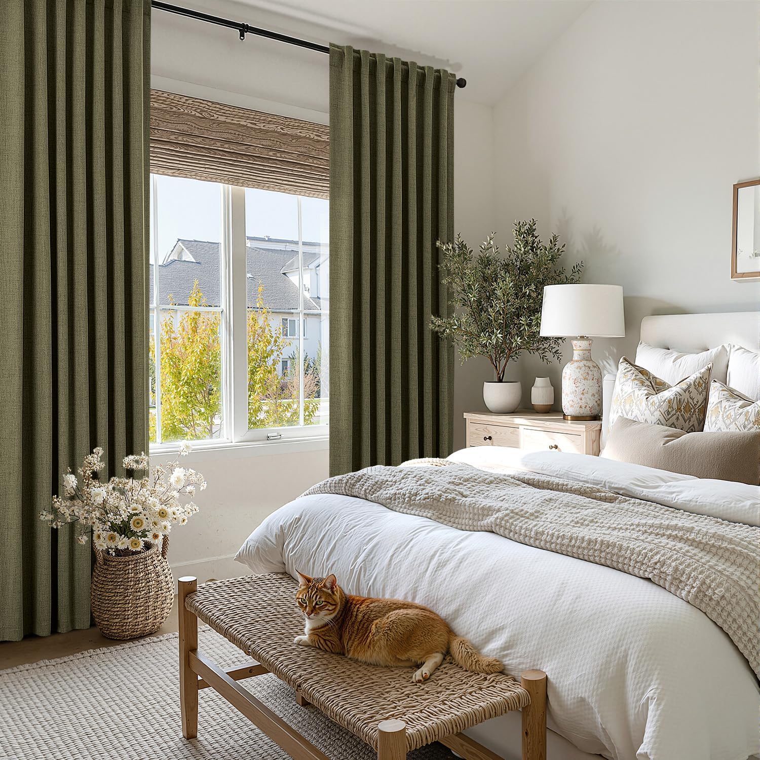 Miulee 100% Blackout Linen Curtains for Bedroom, Light Olive Green Solid Luxury Decor Thermal Insulation Room Darkening Drapes for Living R…