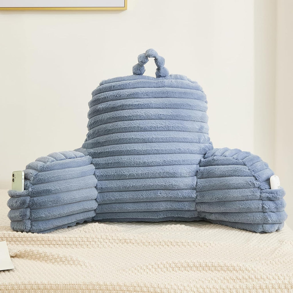Memfydu Faux Fur Fluffy Dusty Blue Reading Pillow with Pockets, Luxury Striped Plush Decorative, Arm Rests and Back Support for Bed Rest, L…