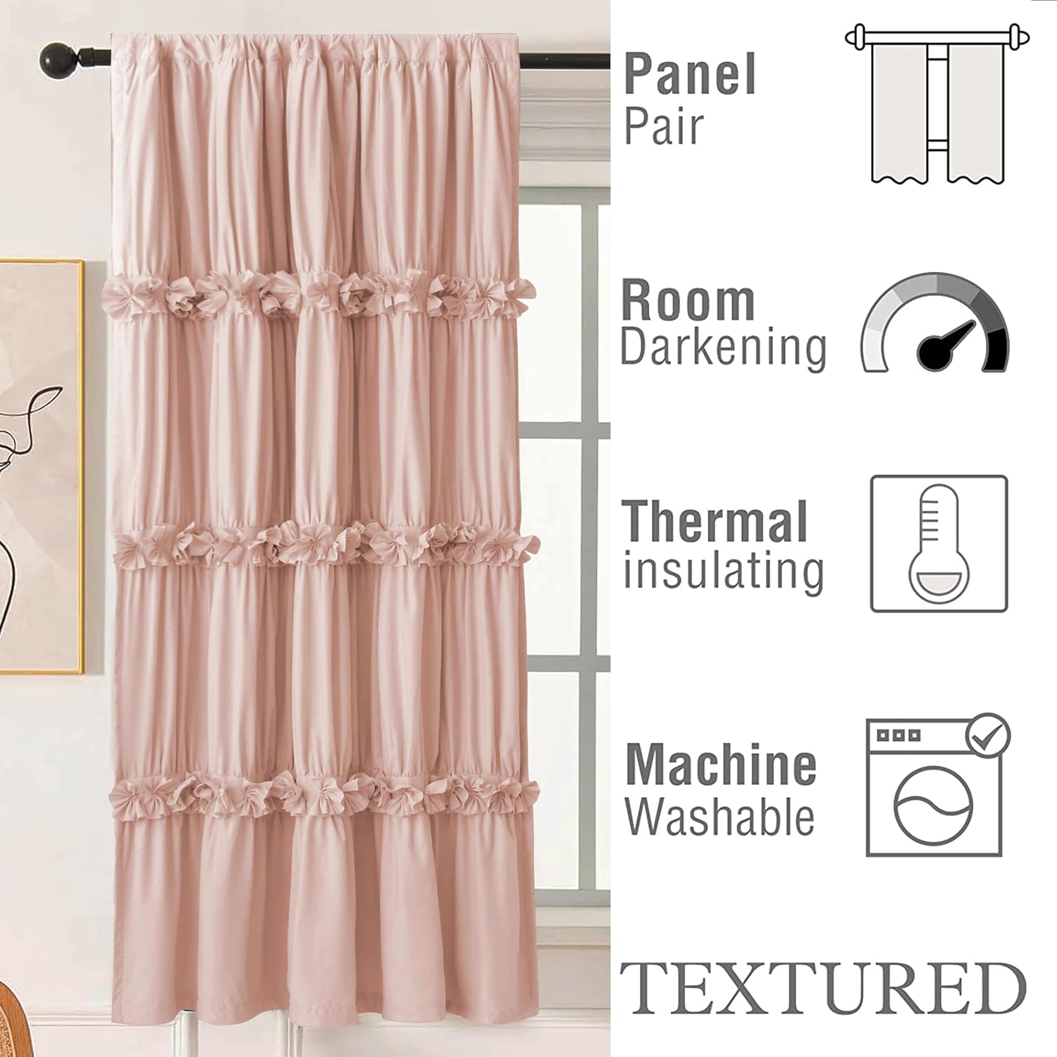 Homechoice Decor Thermal Insulated Blackout Window Curtains, 42" W x 63" L (Pair), Boho Ruched Window Treatments with 3 Rows of Butterfly…
