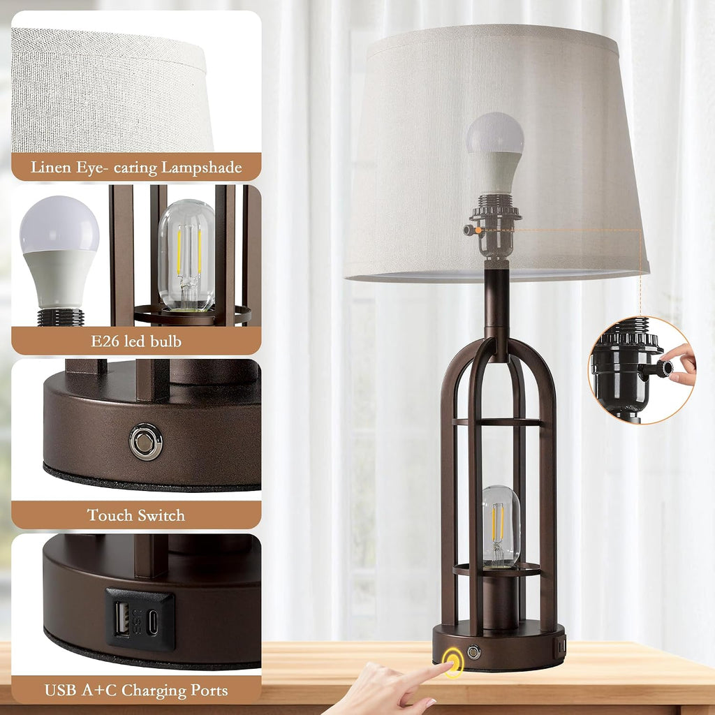 SRJJA 24" Table Lamps for Living Room Set of 2, Rustic Farmhouse 3-Way Dimmable Touch Industrial Bedside Lamps with USB A+C for Bedroom…