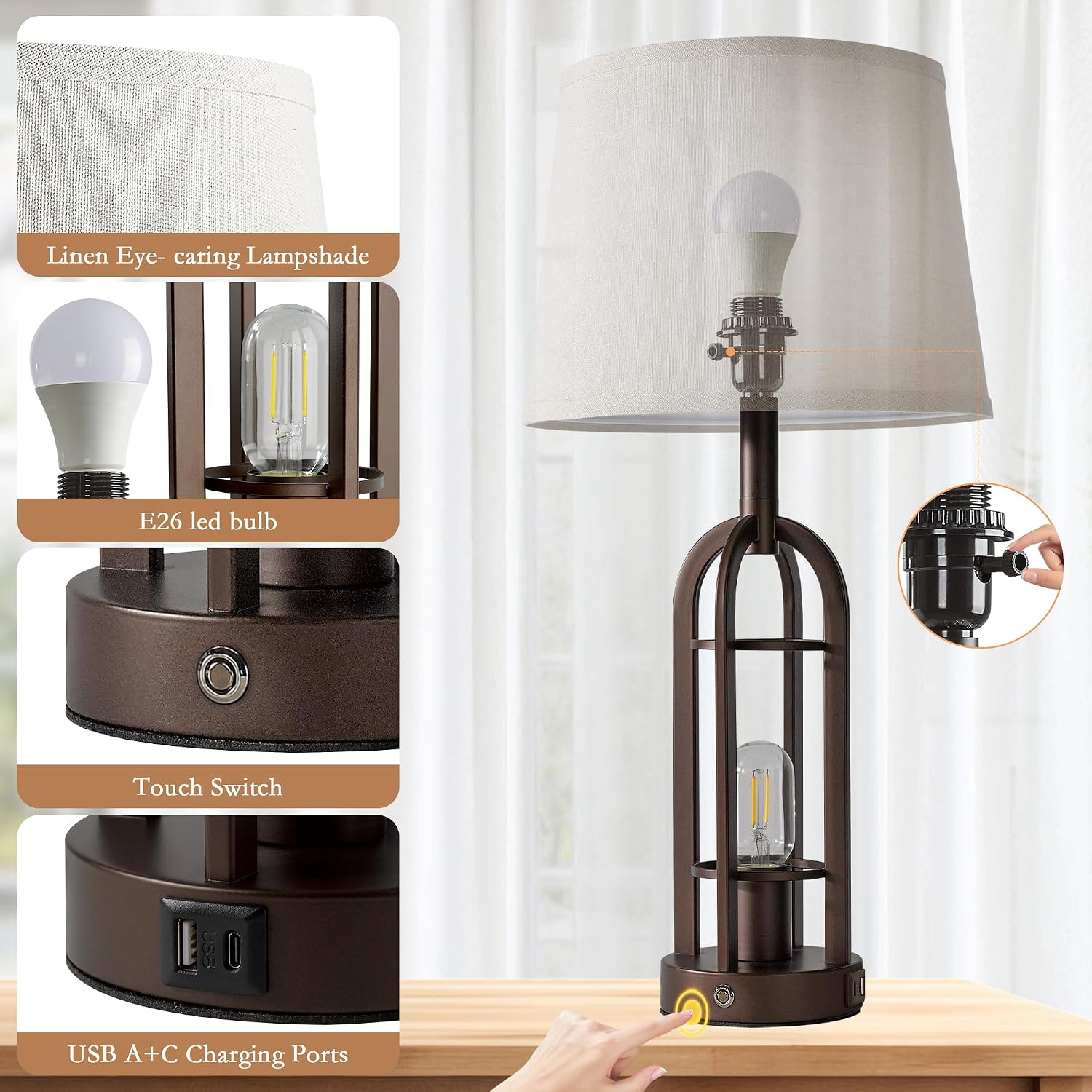 SRJJA 24" Table Lamps for Living Room Set of 2, Rustic Farmhouse 3-Way Dimmable Touch Industrial Bedside Lamps with USB A+C for Bedroom…