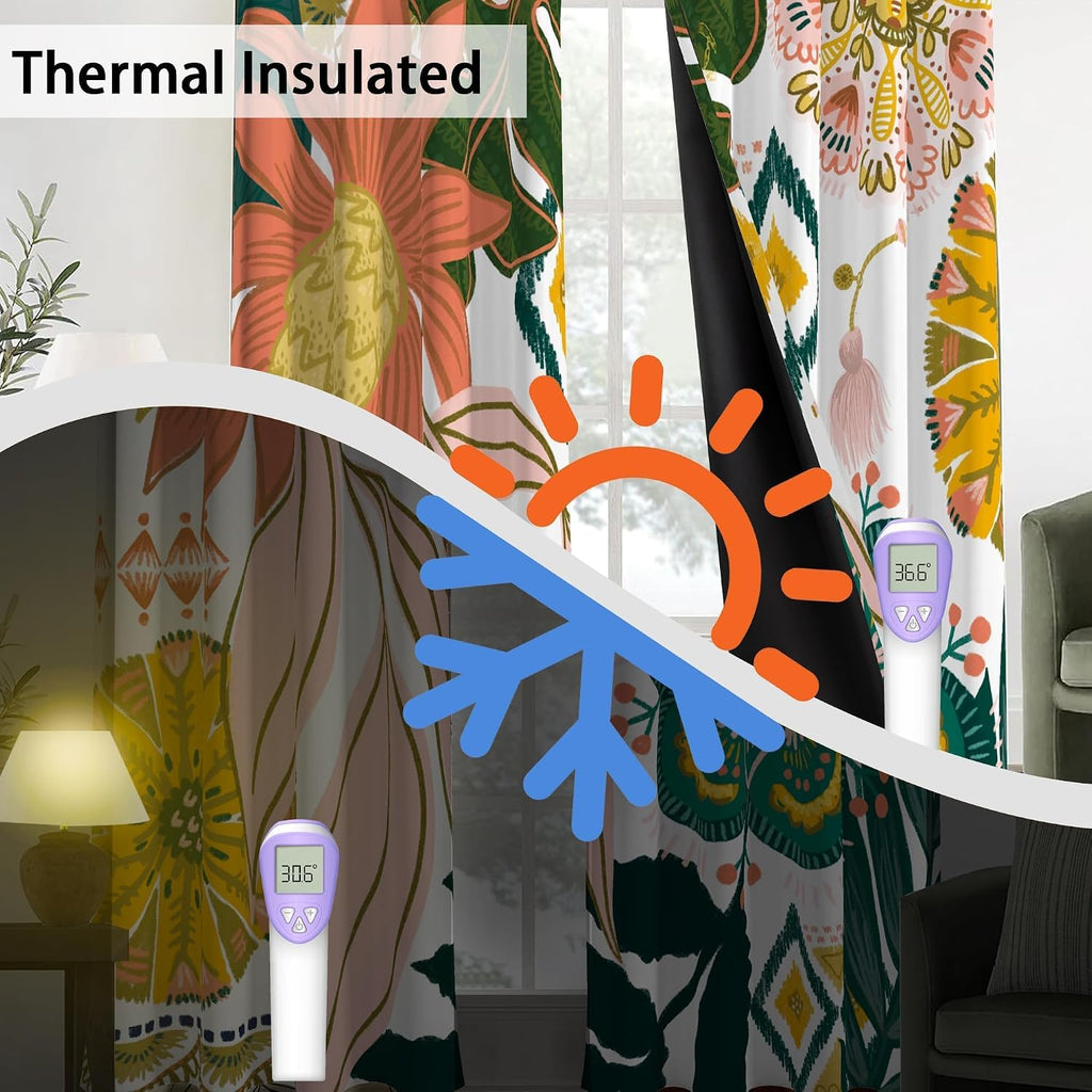 Tyrot Boho Floral 100% Blackout Curtains for Living Room 72 inch Long 2 Panels Mid Century Botanical Black Out Curtains for Bedroom…