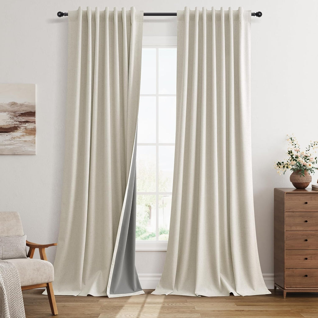 Guken Warm Beige Linen 100% Blackout Bedroom Curtains 96 Inches Long 2 Panel Sets Hook Belt Back Tab Linen Textured Room Darkening Heat Blo…
