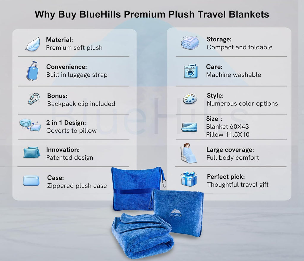 BlueHills 2-Pack Premium Soft Travel Blanket Pillow Airplane Blanket in Soft Bag Pillowcase with Hand Luggage Belt and Backpack Clip…