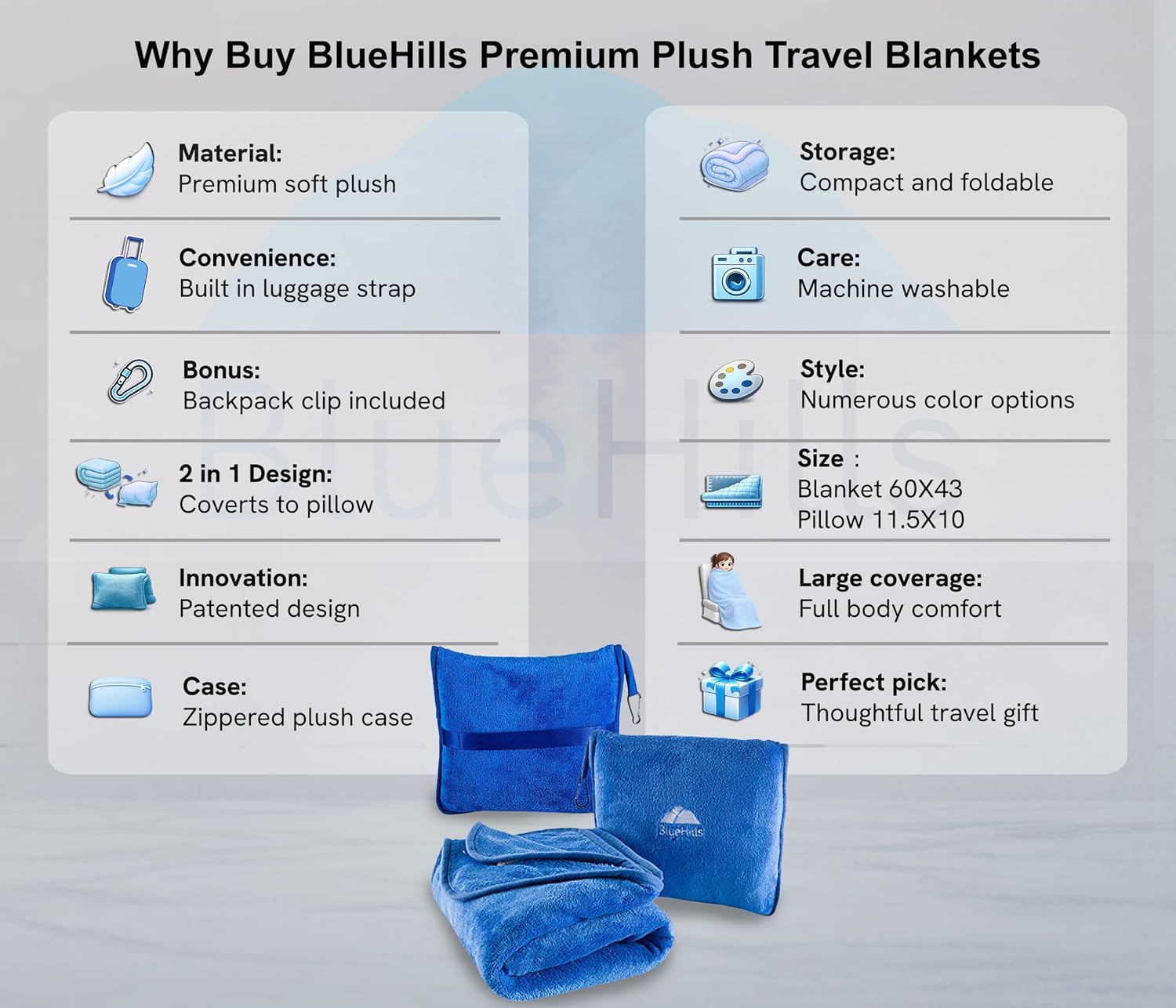 BlueHills 2-Pack Premium Soft Travel Blanket Pillow Airplane Blanket in Soft Bag Pillowcase with Hand Luggage Belt and Backpack Clip…