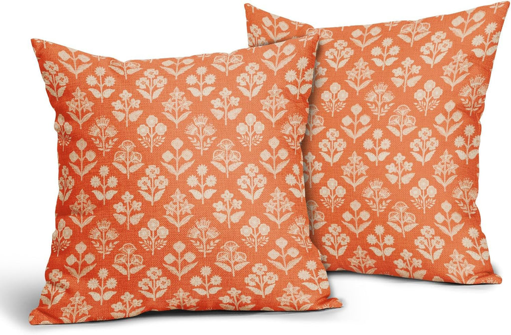 Orange Floral Block Print Pillow Covers 20x20 Inch Set of 2, Vintage Flower Pattern Decorative Throw Pillowcases Outdoor Farmhouse…