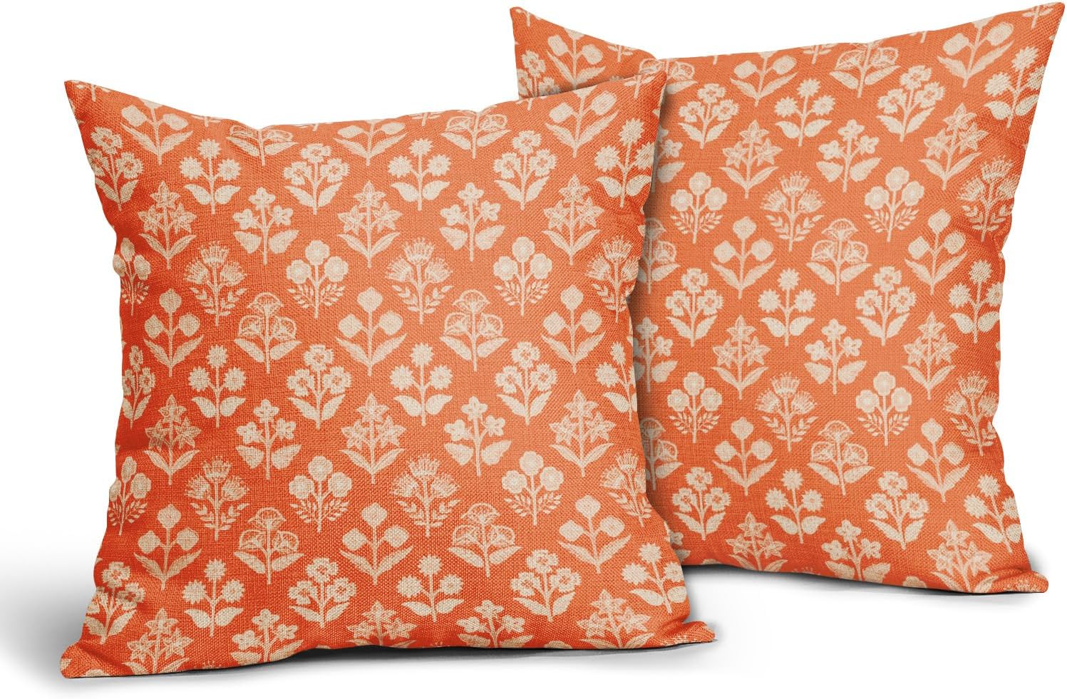 Orange Floral Block Print Pillow Covers 20x20 Inch Set of 2, Vintage Flower Pattern Decorative Throw Pillowcases Outdoor Farmhouse…