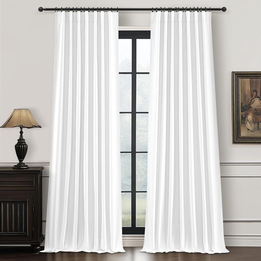Qjmydeco Pure White Blackout 102 Inch Long Curtains for Bedroom, Funky Heavy Linen Ceiling Track Nursery Curtain Heart/Cold Block Sound Dam…