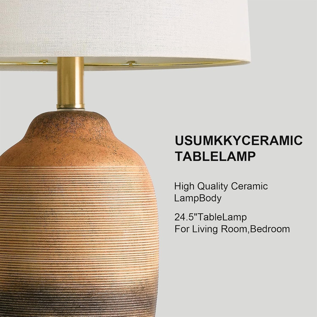 USumkky 24.5" Handcrafted Ceramic Table Lamp with 5FT Cord, Single Farmhouse Vintage Rustic Bedside Lamp for Living Room Bedroom, Linen Sha…