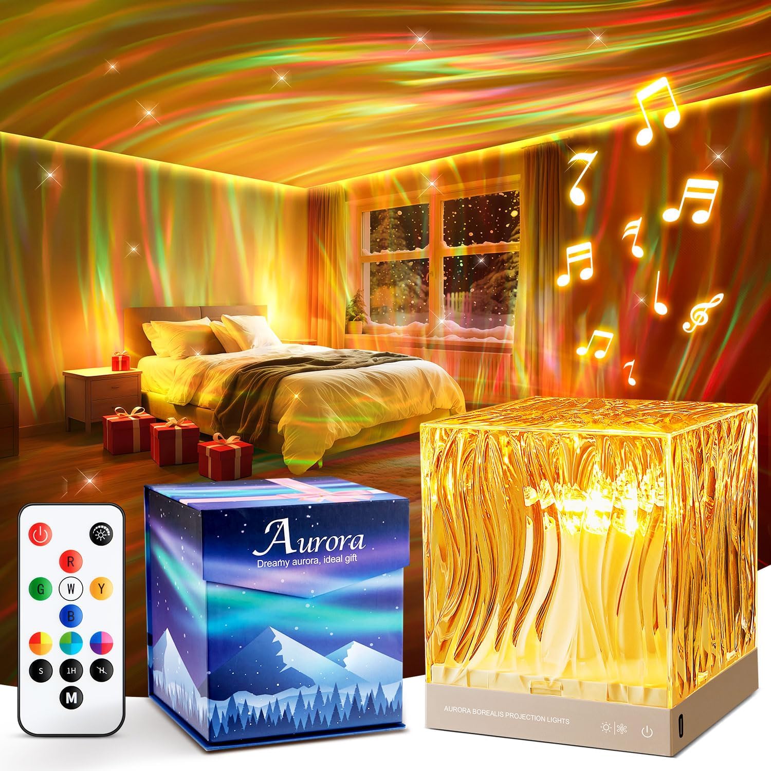 OneFire Aurora Light Projector for Bedroom, White Noise Sound Machine for Sleeping Adults+18 Colors+Bluetooth Music+Remote Control Northern…