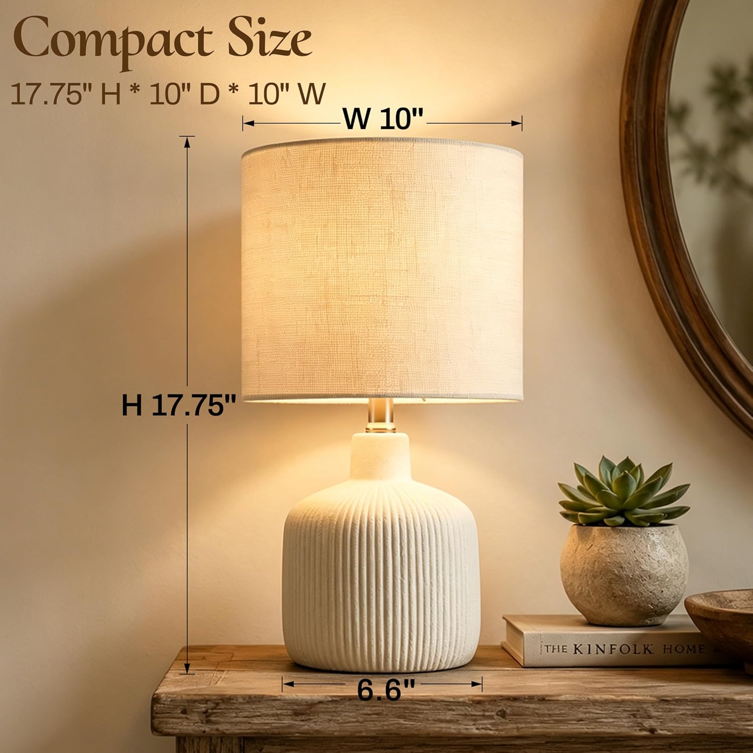 Ceramic Table Lamp, 17.75" Rustic Farmhouse Bedside Lamp with Beige Linen Shade, Warm Ambient Nightstand Lighting for Bedroom or Living…