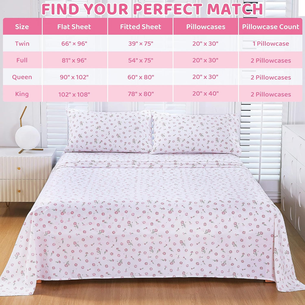 mooreeke Cozy Vintage Microfiber Printed Floral King Sheet Set - Soft & Breathable Pink Daisy Bed Sheets with Extra Deep Pocket - Non-Slip…