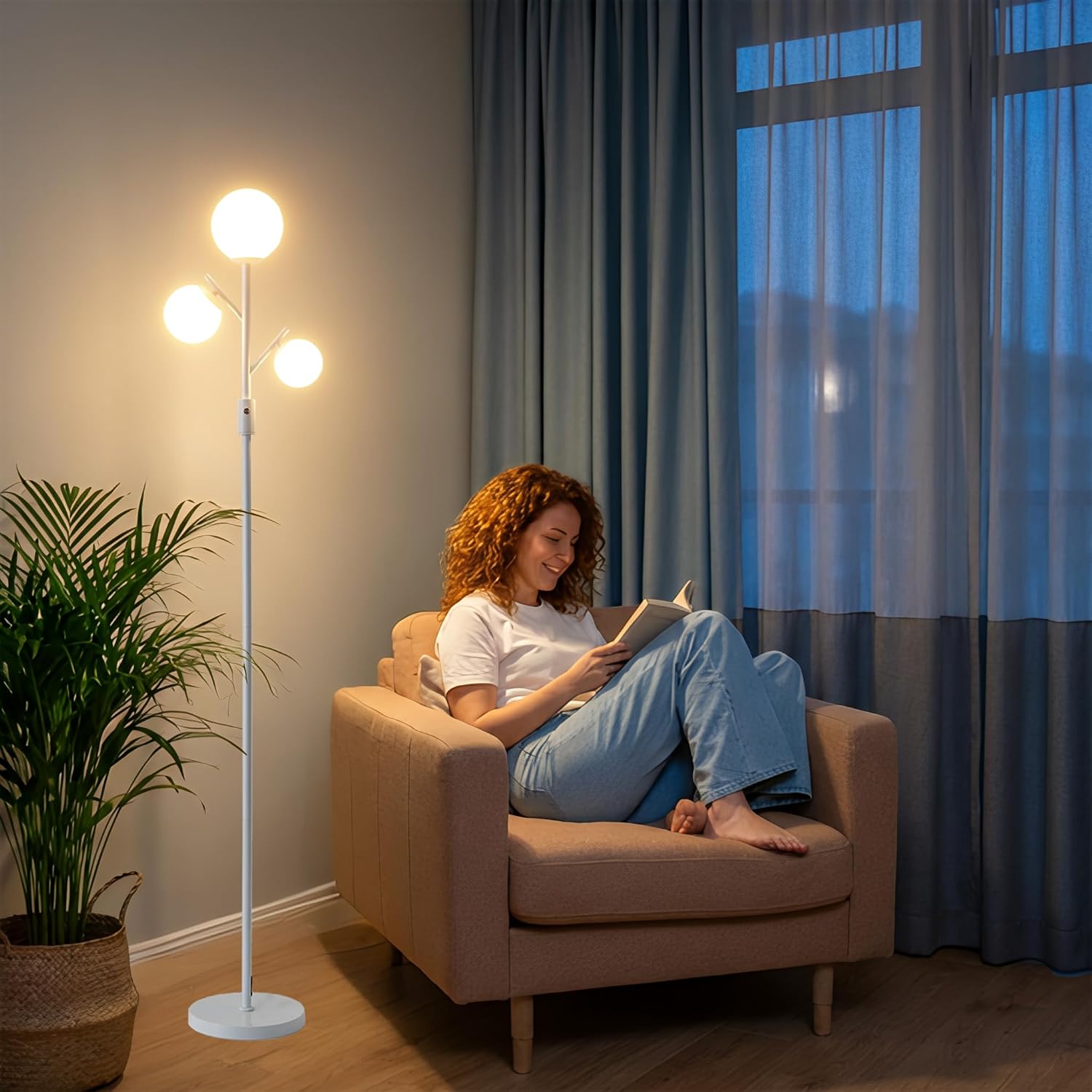 Fiqevs Mid Century Modern 3 Globe Tree Floor Lamp - Dimmable LED Standing Lamp with Bulbs, Warm Light for Living Room Bedroom Office - White