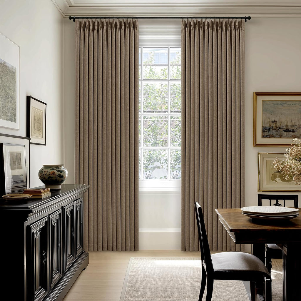 Twodrapes Latte Pinch Pleated 100% Blackout Linen Bedroom Curtains 86 Inch Length Double Layer Pleat Curtains Ring Hooks Back Tab Black Out…