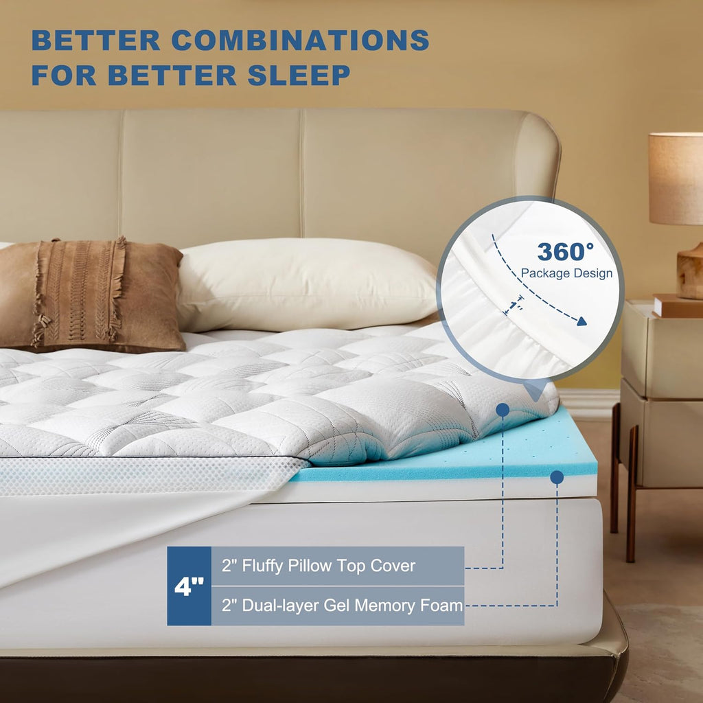 Bedlore 4-Inch Queen Mattress Topper for Back Pain - Dual Layer Medium Support (2" Gel Memory Foam + 2" Cooling Fluffy Pillow Top Pad)…