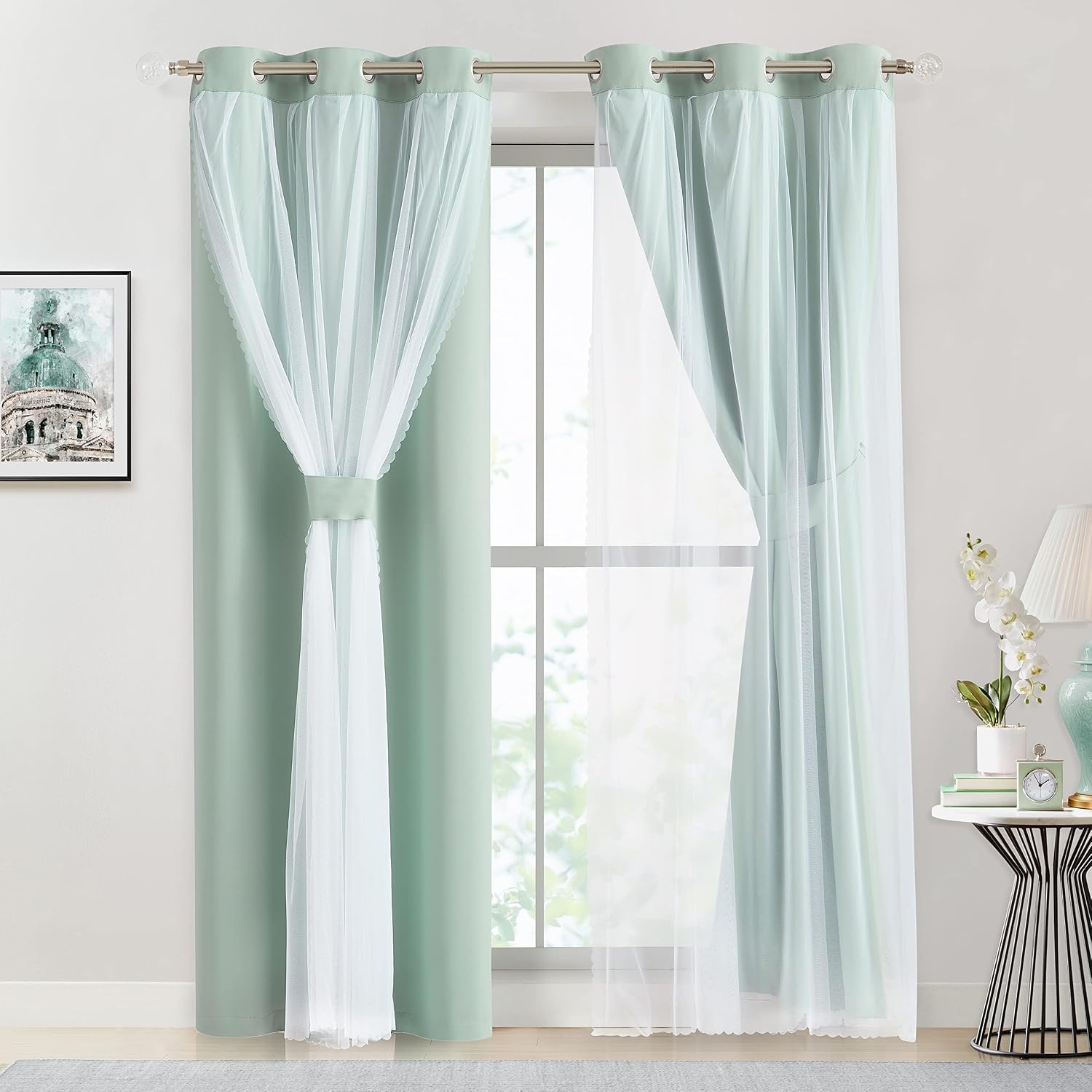 Bujasso Aqua 80% Blackout Curtains with Sheer Overlay Mix and Match Double Layer Thermal Insulated Window Panels 84 inch for Living Room Be…