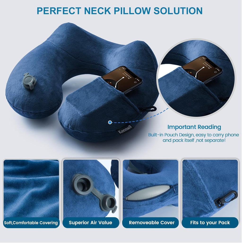 Keemall Inflatable Neck Pillow Airplane, Comfortable Inflatable Travel Neck Pillows for Airplanes Traveling on Plane, Soft Plush Cover…