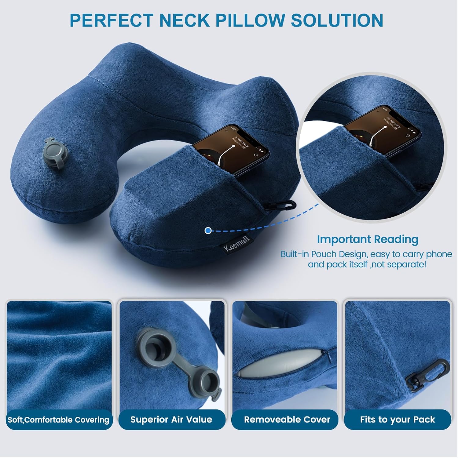 Keemall Inflatable Neck Pillow Airplane, Comfortable Inflatable Travel Neck Pillows for Airplanes Traveling on Plane, Soft Plush Cover…
