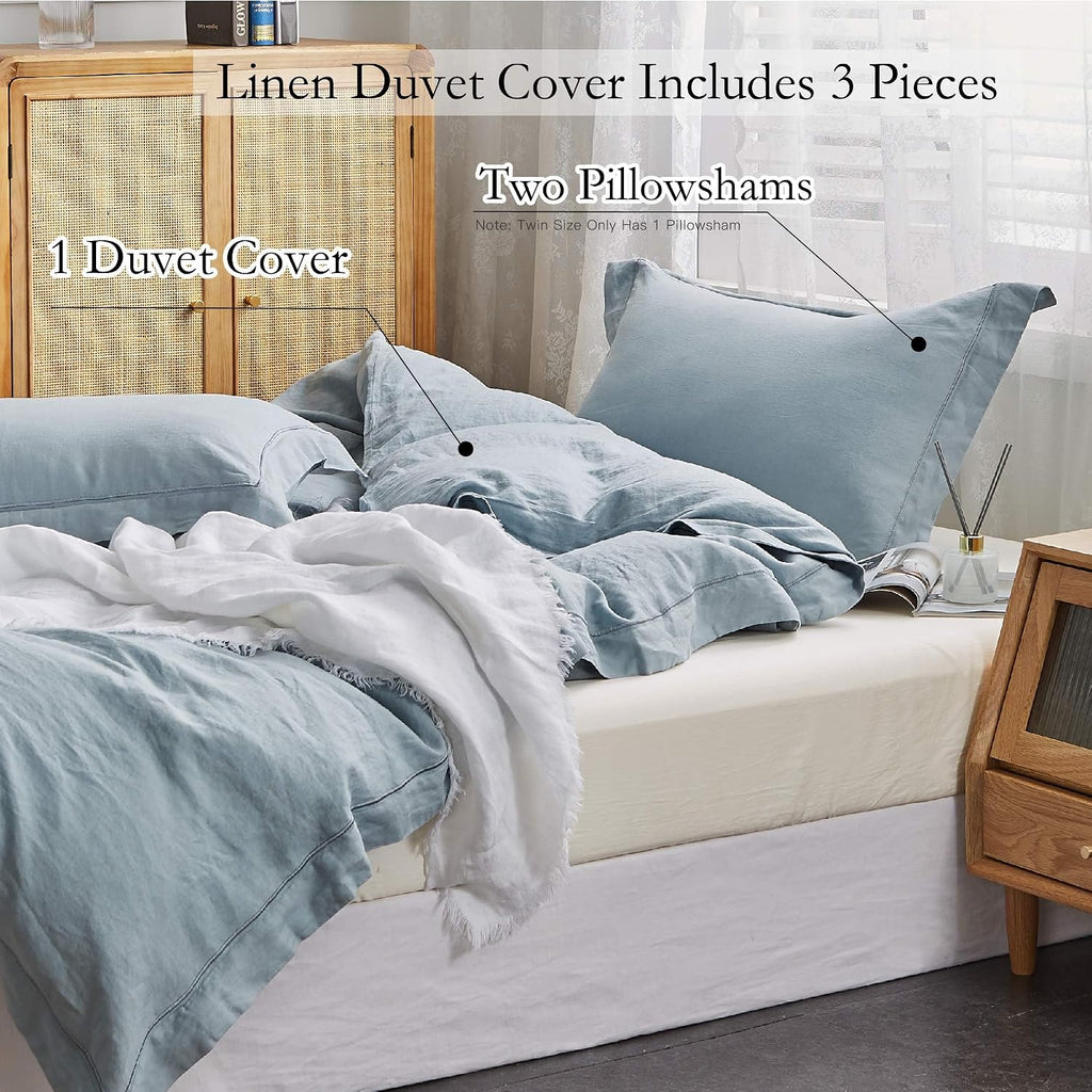 Simple&Opulence 100% Washed Linen Duvet Cover with Embroidered,3 Pieces Soft Farmhouse Comforter Set with Button Closure,1 D…